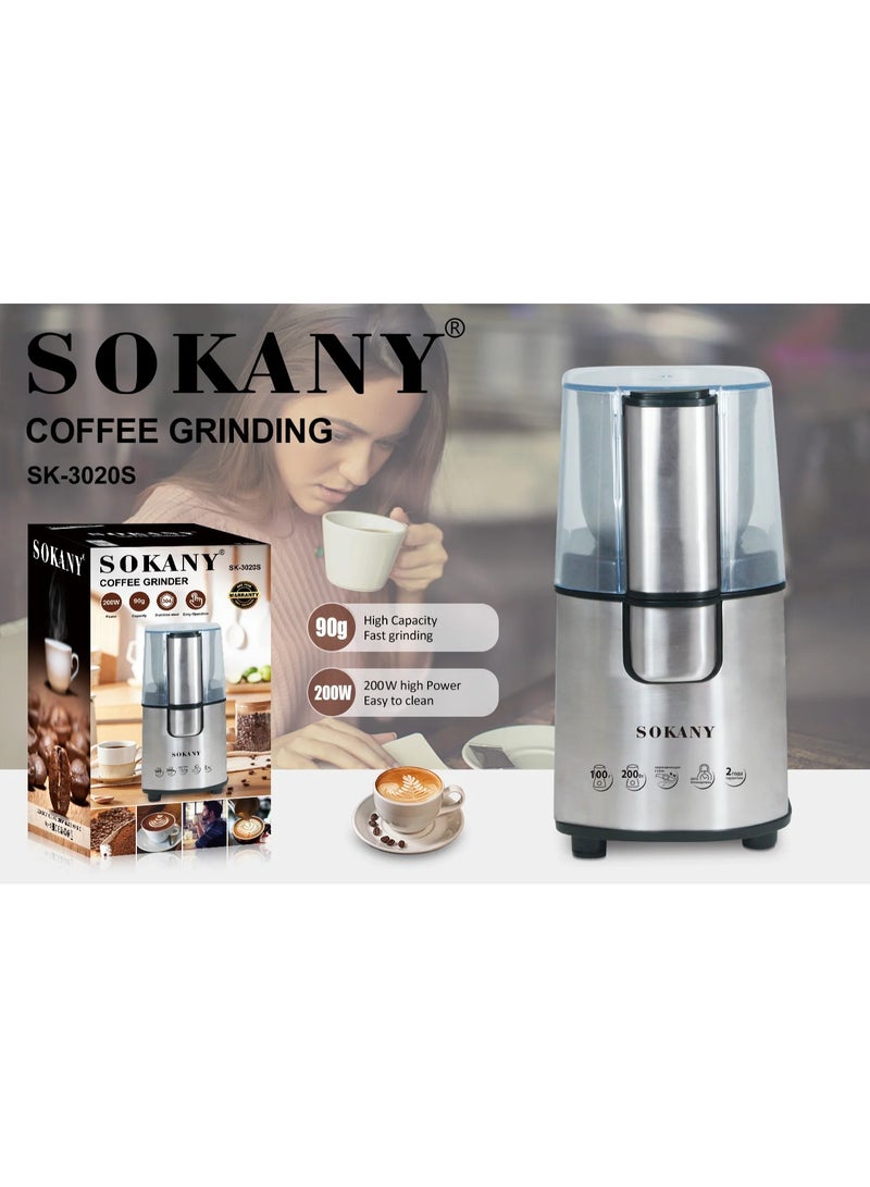 Sokany Coffee and Spice Grinder - 200 Watts - 90 Grams Stainless Steel Blades - Stainless Steel SK-3020S - Image 3
