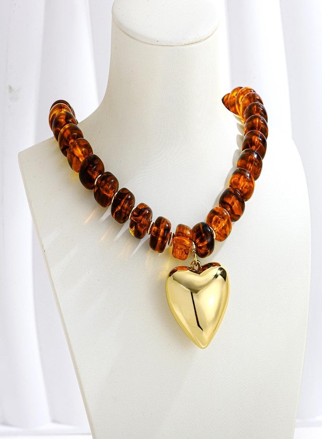 WOWORAMA Brown Beaded Heart Necklace for Women Trendy Puffy Heart Chunky Necklaces Acrylic Resin Beads Choker Necklace Boho Vintage Statement Necklaces Jewelry - Image 4
