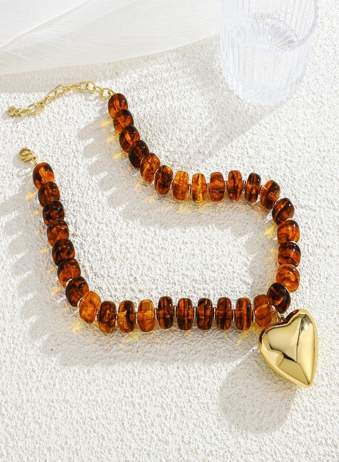 WOWORAMA Brown Beaded Heart Necklace for Women Trendy Puffy Heart Chunky Necklaces Acrylic Resin Beads Choker Necklace Boho Vintage Statement Necklaces Jewelry - Image 2