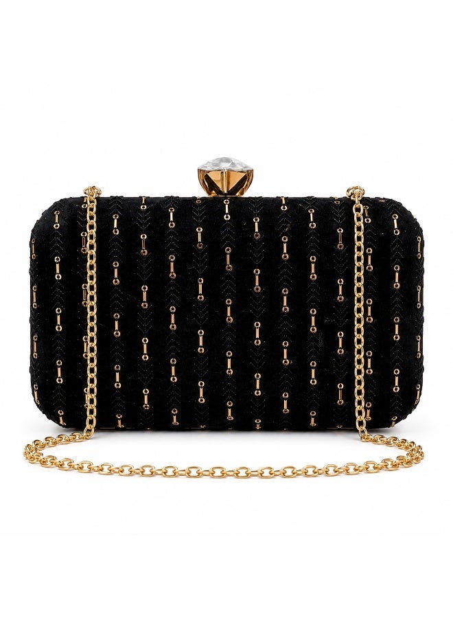 JOHN PAULS Women's Black Midnight Evening Handmade Clutch Bag with Gold Embellishments & Crystal Clasp Luxury  Designer Style Bridal Clutch Purse, Wedding Guest Bag, Party Handbag with Chain Strap | Elegant Occasion Handbag Gift for Women - Image 1