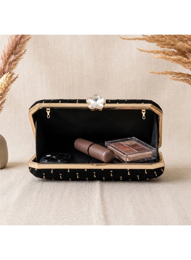 JOHN PAULS Women's Black Midnight Evening Handmade Clutch Bag with Gold Embellishments & Crystal Clasp Luxury  Designer Style Bridal Clutch Purse, Wedding Guest Bag, Party Handbag with Chain Strap | Elegant Occasion Handbag Gift for Women - Image 5