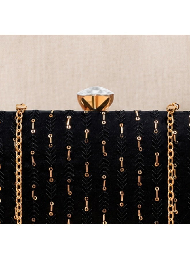 JOHN PAULS Women's Black Midnight Evening Handmade Clutch Bag with Gold Embellishments & Crystal Clasp Luxury  Designer Style Bridal Clutch Purse, Wedding Guest Bag, Party Handbag with Chain Strap | Elegant Occasion Handbag Gift for Women - Image 4