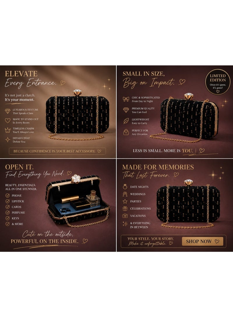 JOHN PAULS Women's Black Midnight Evening Handmade Clutch Bag with Gold Embellishments & Crystal Clasp Luxury  Designer Style Bridal Clutch Purse, Wedding Guest Bag, Party Handbag with Chain Strap | Elegant Occasion Handbag Gift for Women - Image 3