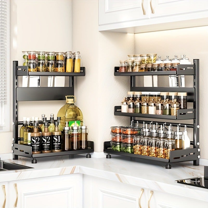 Versatile 2/3-Tier Metal Spice Rack & Utensil Organizer - Carbon Steel, Countertop Storage for Kitchen Essentials - Image 2