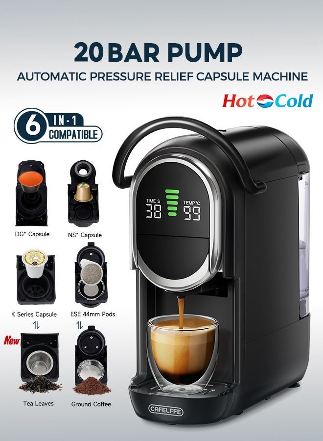 Cafelffe New Upgrade 6 in 1 Capsule Coffee Maker with 7 Level Coffee Volume & Temperature Adjustment and Automatic Pressure Relief | For NS/DG/Kcup Capsule, ESE 44mm Pods, Tea Leaves and Coffee Powder 1450W Black - Image 1