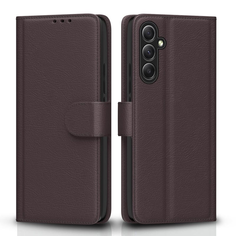 Pikkme Samsung Galaxy A34 5G Flip Cover Leather Finish | Inside TPU with Card Pockets | Wallet Stand and Shock Proof | Complete Protection Flip Case (Coffee) - Image 1