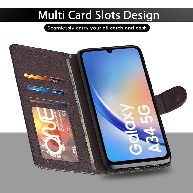 Pikkme Samsung Galaxy A34 5G Flip Cover Leather Finish | Inside TPU with Card Pockets | Wallet Stand and Shock Proof | Complete Protection Flip Case (Coffee) - Image 5