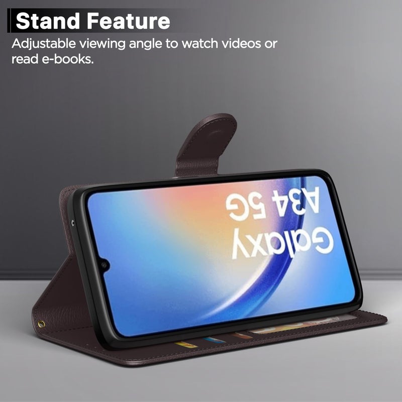 Pikkme Samsung Galaxy A34 5G Flip Cover Leather Finish | Inside TPU with Card Pockets | Wallet Stand and Shock Proof | Complete Protection Flip Case (Coffee) - Image 3