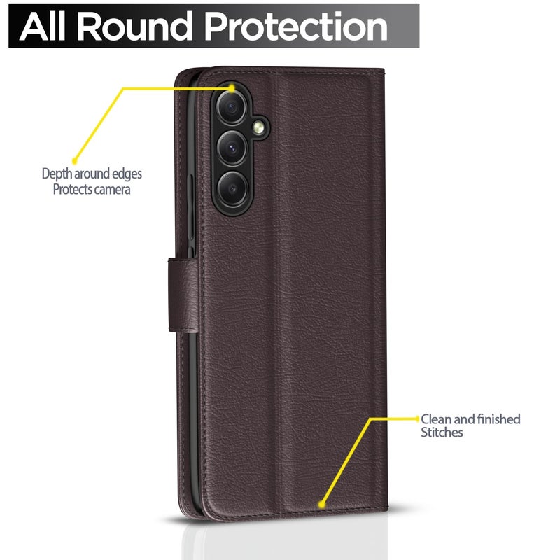 Pikkme Samsung Galaxy A34 5G Flip Cover Leather Finish | Inside TPU with Card Pockets | Wallet Stand and Shock Proof | Complete Protection Flip Case (Coffee) - Image 4
