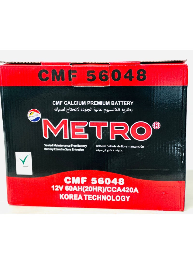 مترو بطارية سيارة 12 فولت 60 أمبير/ساعة DIN60L / 56048 (هيونداي / نيسان / كامري / إم جي / سيتروين / فيات / ميني / رينو / بيجو) - Image 1