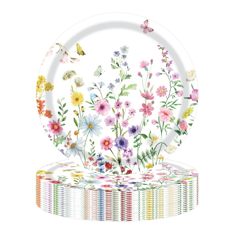 KFJBPB 50PCS Wildflower Party Paper Plates 7 Inch, Disposable Floral Cake Dessert Plates for Spring Summer Picnic Wedding Baby Shower Birthday Tea Party Decorations (Wildflower) - Image 1