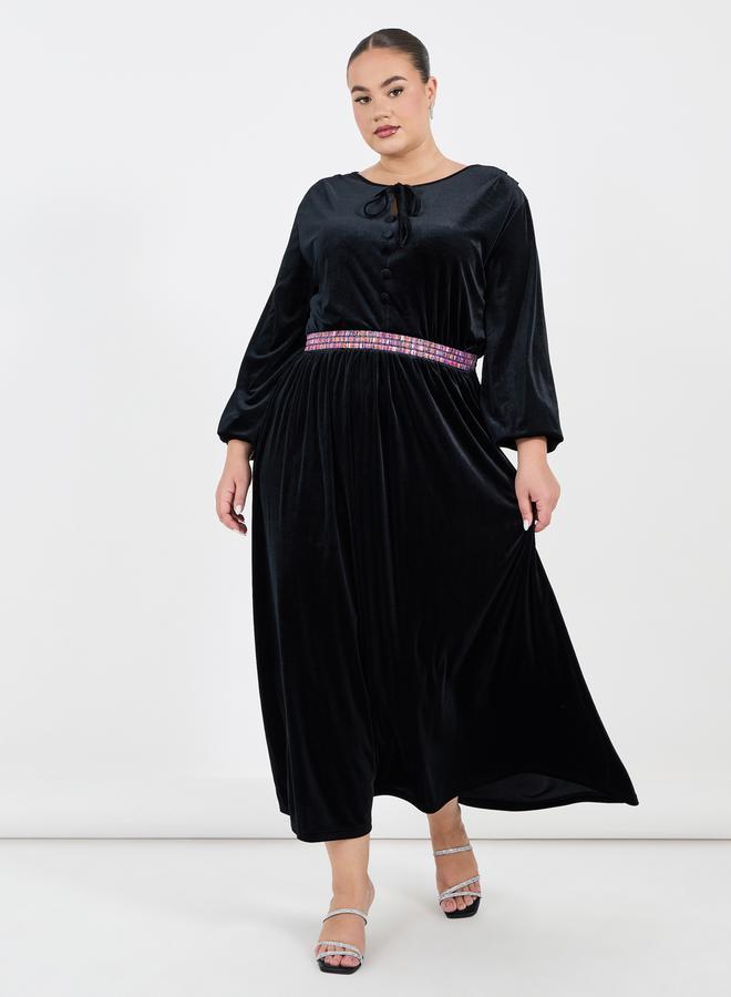 Styli Velvet Tie-Neck Dress - Image 1