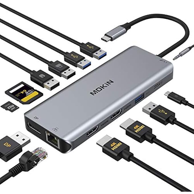 Mokin USB C HUB, USB C DOCKING STATION 13 IN 1 TRIPLE DISPLAY TYPE C ADAPTER WITH DUAL HDMI 4K, DP, PD CHARGER, GIGABIT ETHERNET, 5 USB PORTS, SD/TF CARD READER, MIC/AUDIO FOR MACBOOK PRO AND WINDOWS - Image 1