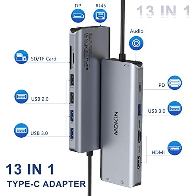 Mokin USB C HUB, USB C DOCKING STATION 13 IN 1 TRIPLE DISPLAY TYPE C ADAPTER WITH DUAL HDMI 4K, DP, PD CHARGER, GIGABIT ETHERNET, 5 USB PORTS, SD/TF CARD READER, MIC/AUDIO FOR MACBOOK PRO AND WINDOWS - Image 2