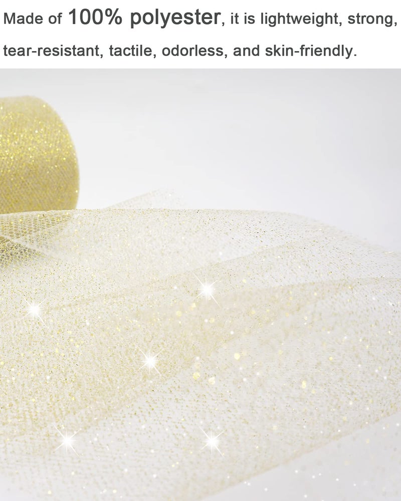 Ableme Deco Glitter Gold Tulle Fabric Rolls, 6 Inch 50 Yards (150ft) Sparkling Spool Ribbon Sequin Netting for Tutu Skirt Gift Wrapping Wedding Party Decoration (White/Gold) - Image 5