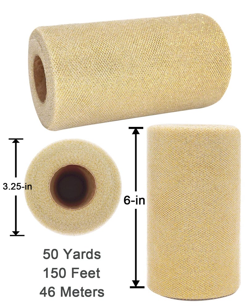 Ableme Deco Glitter Gold Tulle Fabric Rolls, 6 Inch 50 Yards (150ft) Sparkling Spool Ribbon Sequin Netting for Tutu Skirt Gift Wrapping Wedding Party Decoration (White/Gold) - Image 3