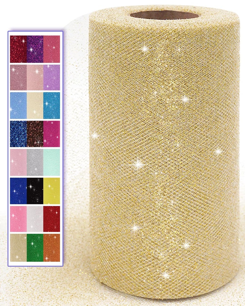 Ableme Deco Glitter Gold Tulle Fabric Rolls, 6 Inch 50 Yards (150ft) Sparkling Spool Ribbon Sequin Netting for Tutu Skirt Gift Wrapping Wedding Party Decoration (White/Gold) - Image 1