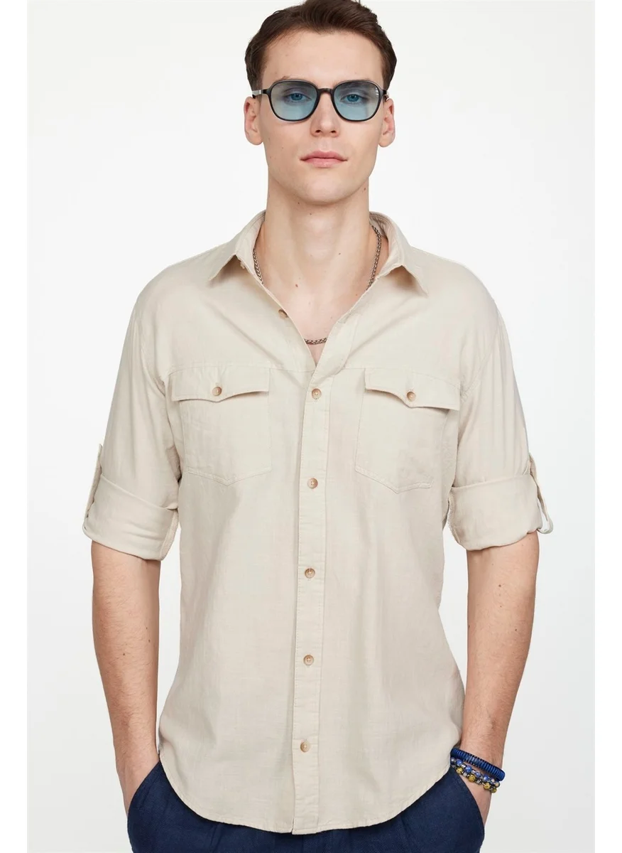 Tudors Slim Fit Long Sleeve Double Pocket Cotton Linen Sport Collar Men's Shirt