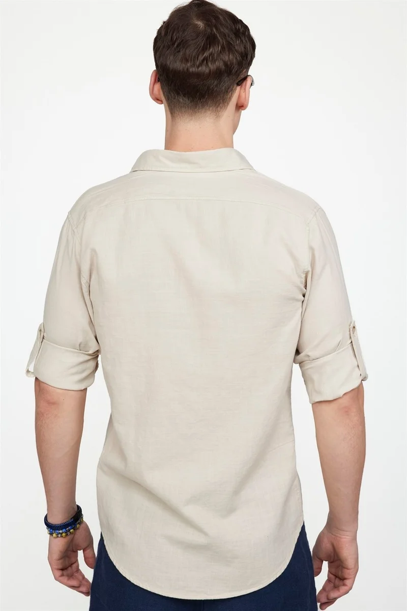 تودورس Slim Fit Long Sleeve Double Pocket Cotton Linen Sport Collar Men's Shirt