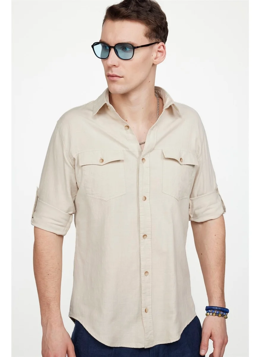 Tudors Slim Fit Long Sleeve Double Pocket Cotton Linen Sport Collar Men's Shirt