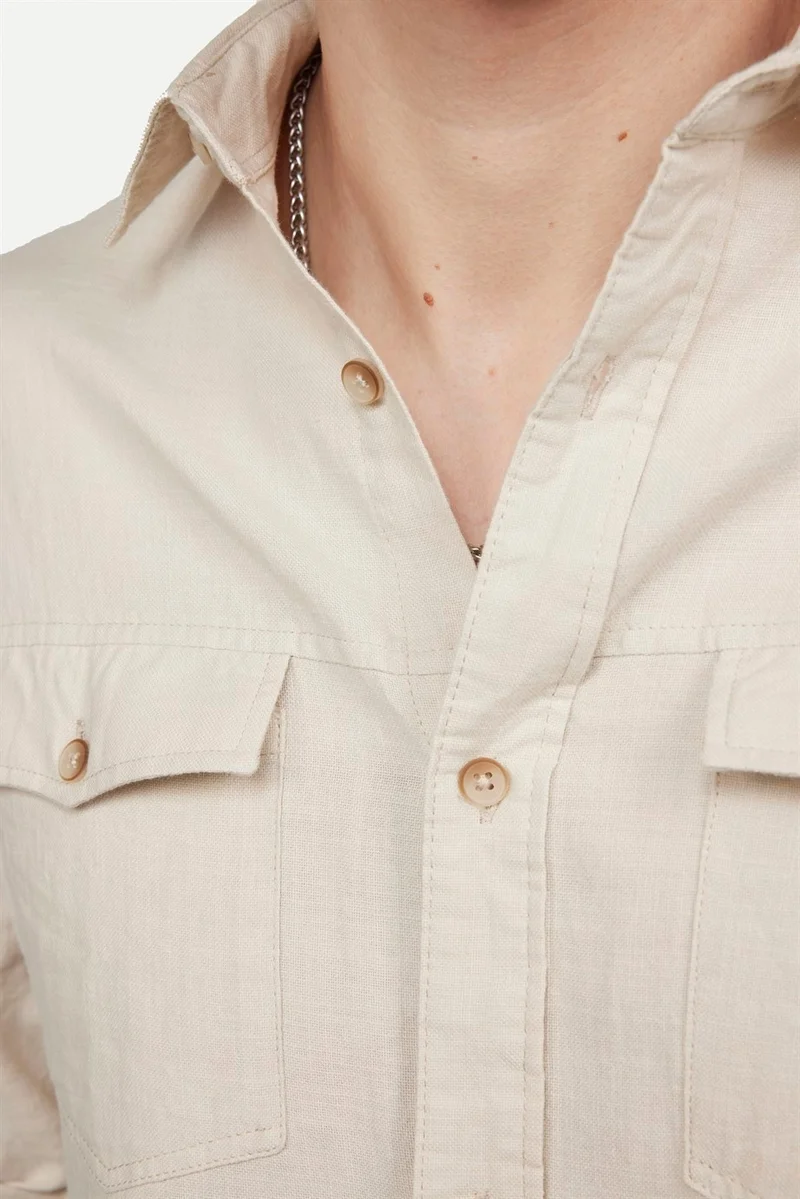 تودورس Slim Fit Long Sleeve Double Pocket Cotton Linen Sport Collar Men's Shirt