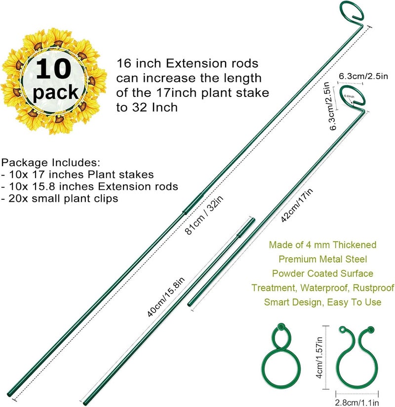 HiGift 10 Pack Height Adjustable Plant Support Stakes (17" or 32" Inches), Metal Plant Stakes for Indoor Outdoor Plants, Tall Plant Stick Support Ring Cages for Garden Flower Amaryllis Orchid Gladiolus - Image 2