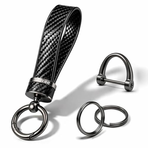 Turcee Leather Car Keychain Carbon Fiber Interior Key Fob with AntiLost DRing Car Accessory Key Ring Black - Image 1