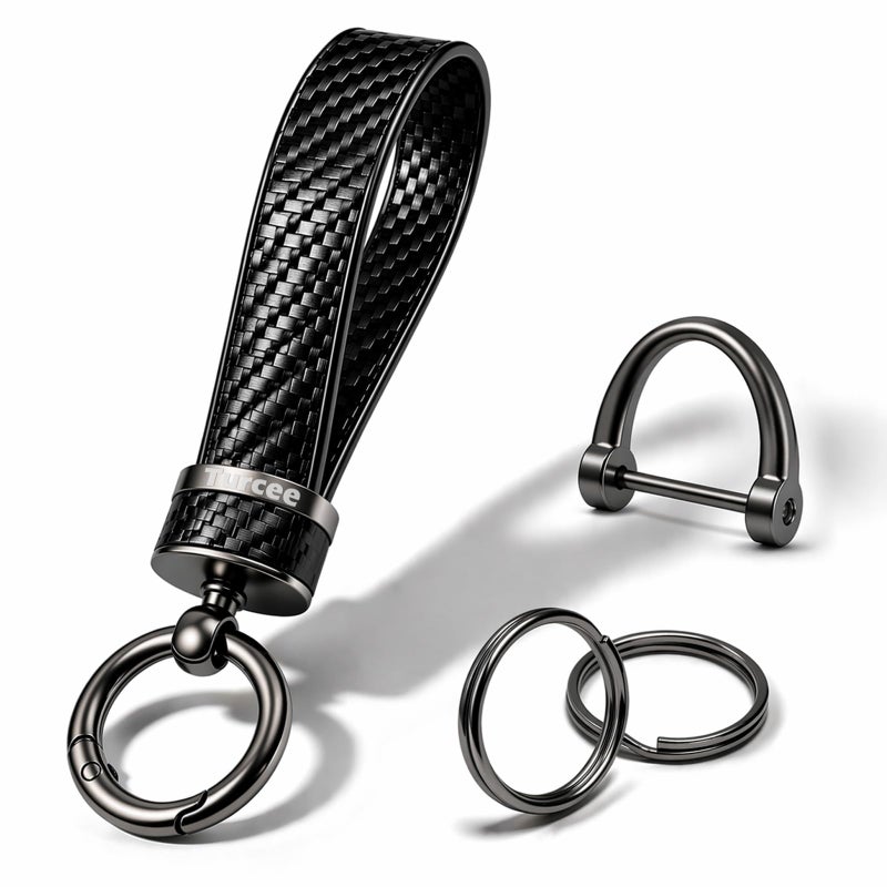Turcee Leather Car Keychain Carbon Fiber Interior Key Fob with AntiLost DRing Car Accessory Key Ring Black - Image 3