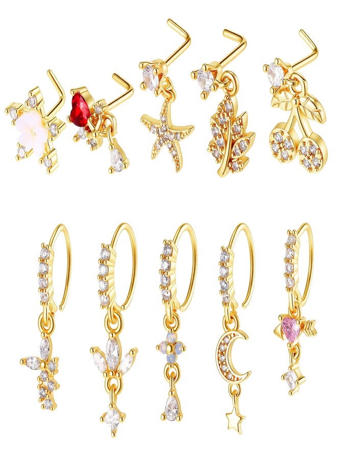 Yolev 10 Pcs Dangle Nose Ring 20g L Shaped Dangling Noses Stud Cz Nose Rings Hoops with Charms Indian Piercing Jewelry Cartilage Earring For Women Gold - Image 1