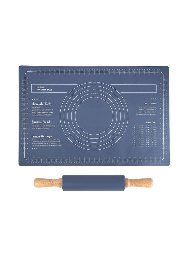 Hanayo 2 قطع حصيرة خبز ودبوس لف حصيرة متعددة الاستخدامات حصيرة سطح العمل حصيرة خبز سيليكون قابلة لإعادة الاستخدام من سيليكون غذائي لعجن العجين لصنع الكعك (أزرق) - Image 3