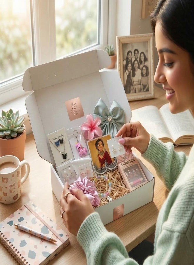KHUSHA CREATIONS مجموعة هدايا إكسسوارات للبنات - سلة هدايا تضم مجوهرات وإكسسوارات شعر، تتضمن ربطة شعر، مشبك شعر على شكل فيونكة، قلادة على شكل فراشة، سوار، سلسلة مفاتيح، ومجموعة أدوات تزيين الأظافر | سلة هدايا عيد ميلاد للبنات والسيدات - Image 3