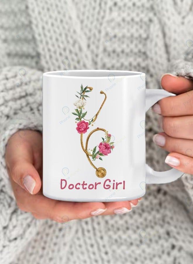 Phone Planet A cup with the phrase Doctor Girl printed in a distinctive print for tea and coffee with a comfortable multicolored handle