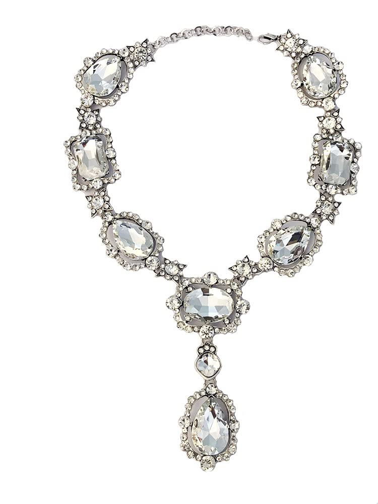 Secret for Longevity Extra Large Victorian Art Deco Antique Retro Vintage Style Silver Tone Clear Rhinestone Chunky Statement Wedding Bridal Prom Drag Queen Pageant Necklace - Image 1
