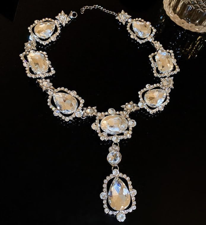 Secret for Longevity Extra Large Victorian Art Deco Antique Retro Vintage Style Silver Tone Clear Rhinestone Chunky Statement Wedding Bridal Prom Drag Queen Pageant Necklace - Image 3