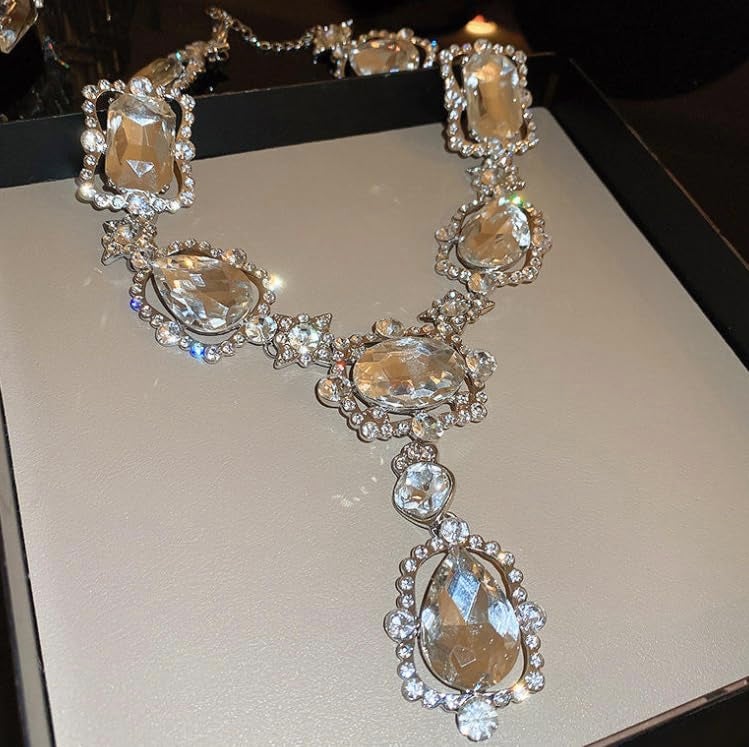 Secret for Longevity Extra Large Victorian Art Deco Antique Retro Vintage Style Silver Tone Clear Rhinestone Chunky Statement Wedding Bridal Prom Drag Queen Pageant Necklace - Image 2