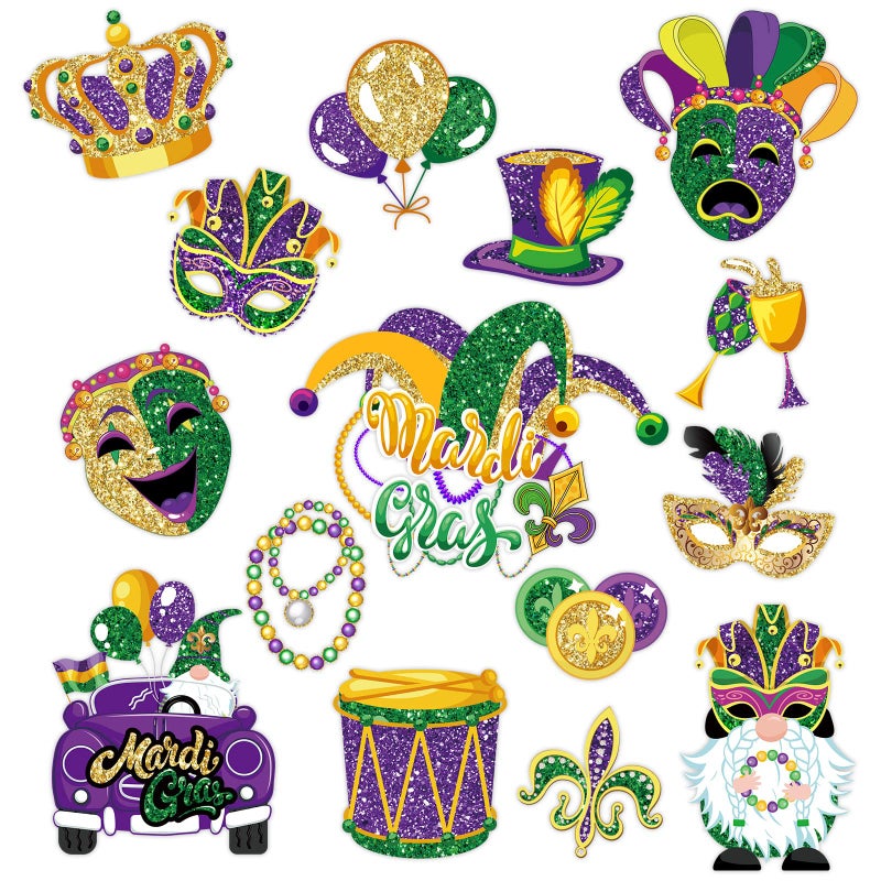 Whaline 15Pcs Mardi Gras Refrigerator Magnets Glitter Crown Masquerade Mask Clown Pattern Fridge Magnetic Stickers Carnival Garage Magnet Decals for Car Mailbox Metal Door Kitchen Cabinets Decoration