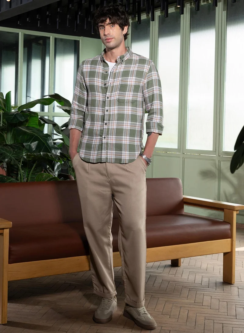 Campus Sutra Men Button-Down Tartan-Jacquard Shirt | Button-Down Collar, Long Button-Cuff Sleeves | Button , Curved Hem | Plaid Jacquard Woven Fabric For Casual & Daily Wear | Light Olive