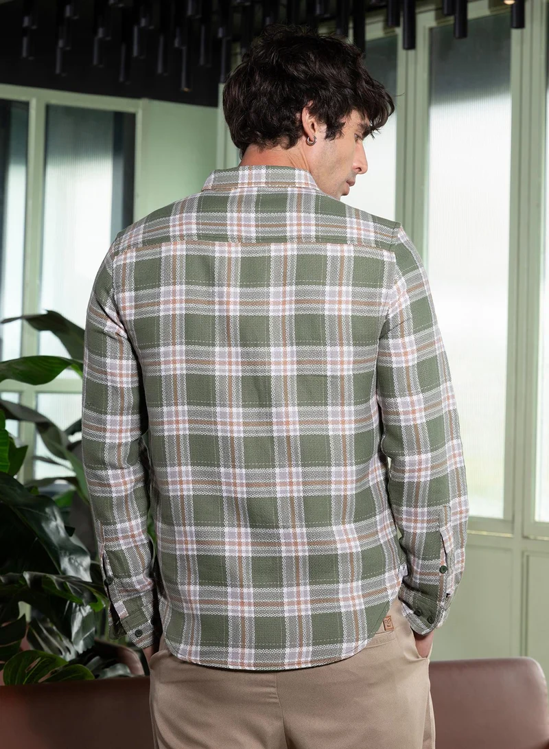 Campus Sutra Men Button-Down Tartan-Jacquard Shirt | Button-Down Collar, Long Button-Cuff Sleeves | Button , Curved Hem | Plaid Jacquard Woven Fabric For Casual & Daily Wear | Light Olive