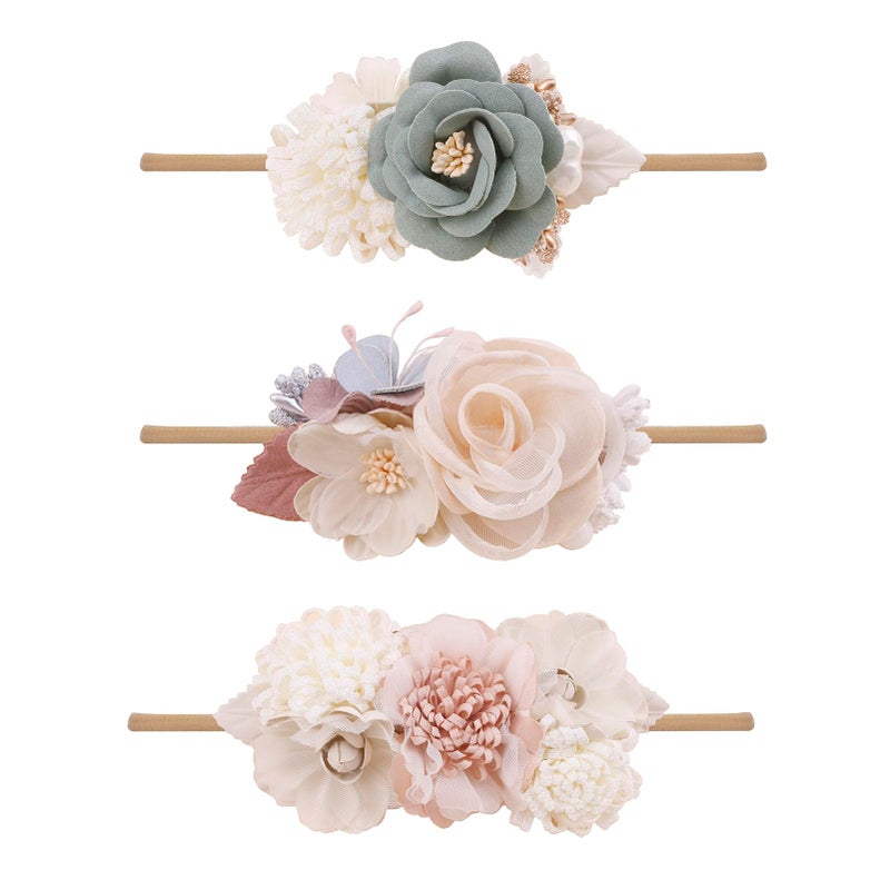 mligril Baby Girl Floral Headbands 3pcs Nylon Headband Handmade Flower Crown Elastic Hairband Newborn Toddler Hair Accessories Gifts for Girls 16 years old
