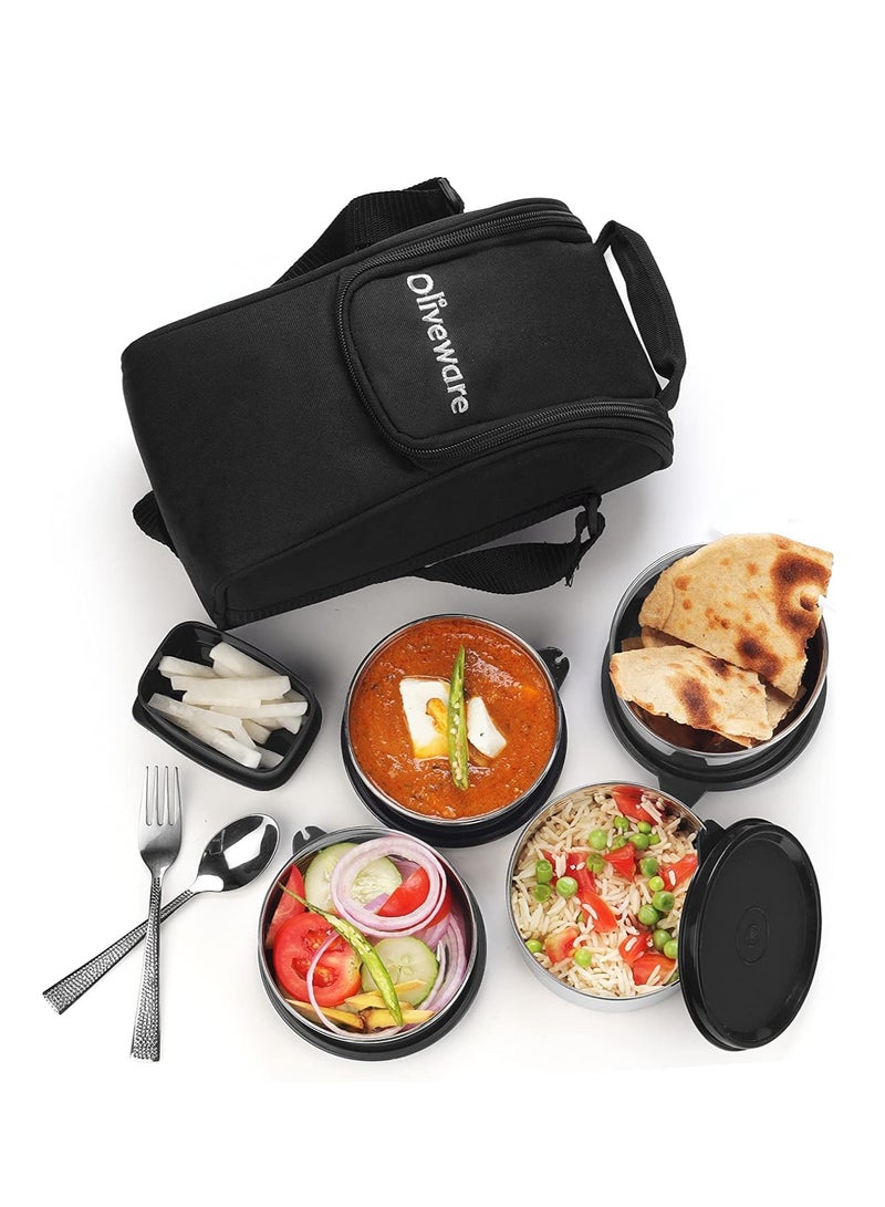 oliveware Executive Leak Proof Stainless Steel Full Meal Lunch Box With Insulated Fabric Bag (Black) - Image 5