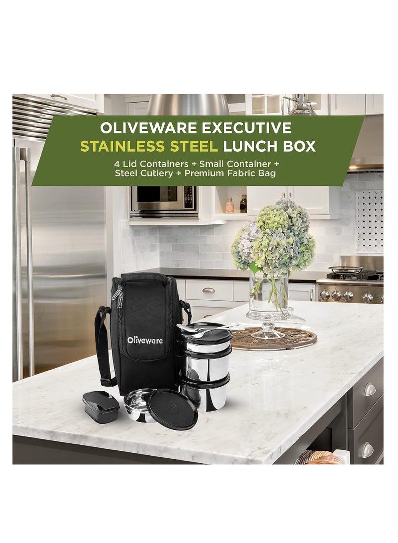 oliveware Executive Leak Proof Stainless Steel Full Meal Lunch Box With Insulated Fabric Bag (Black) - Image 3