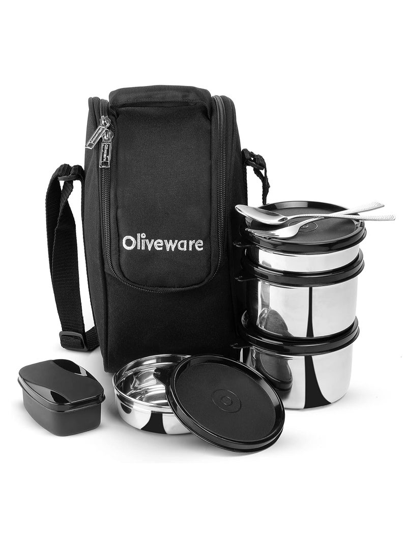 oliveware Executive Leak Proof Stainless Steel Full Meal Lunch Box With Insulated Fabric Bag (Black) - Image 1