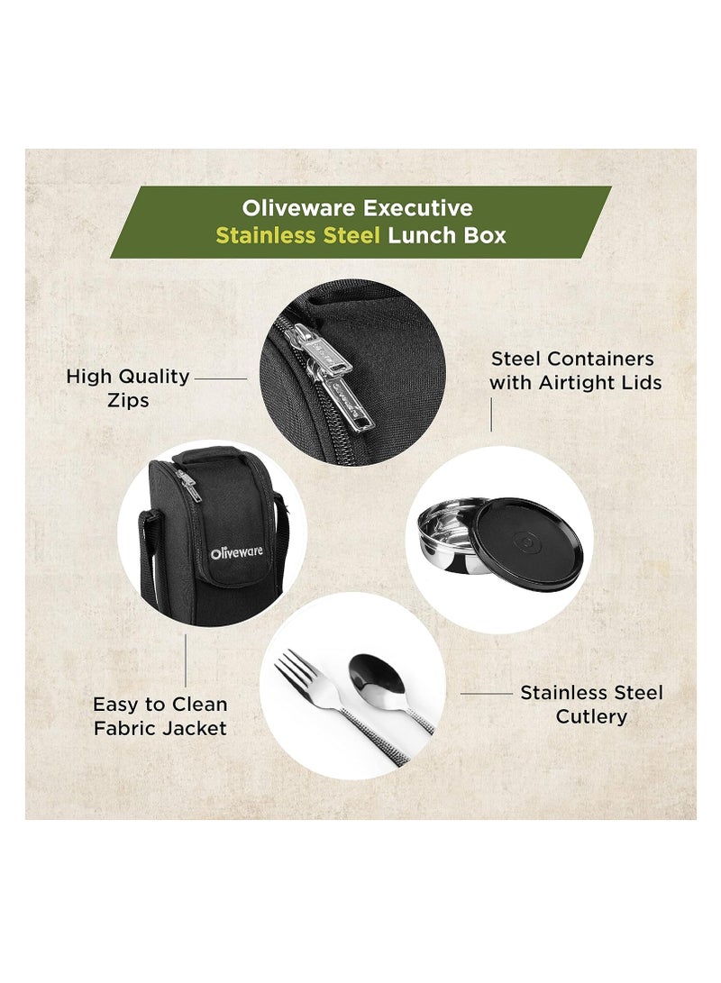 oliveware Executive Leak Proof Stainless Steel Full Meal Lunch Box With Insulated Fabric Bag (Black) - Image 2