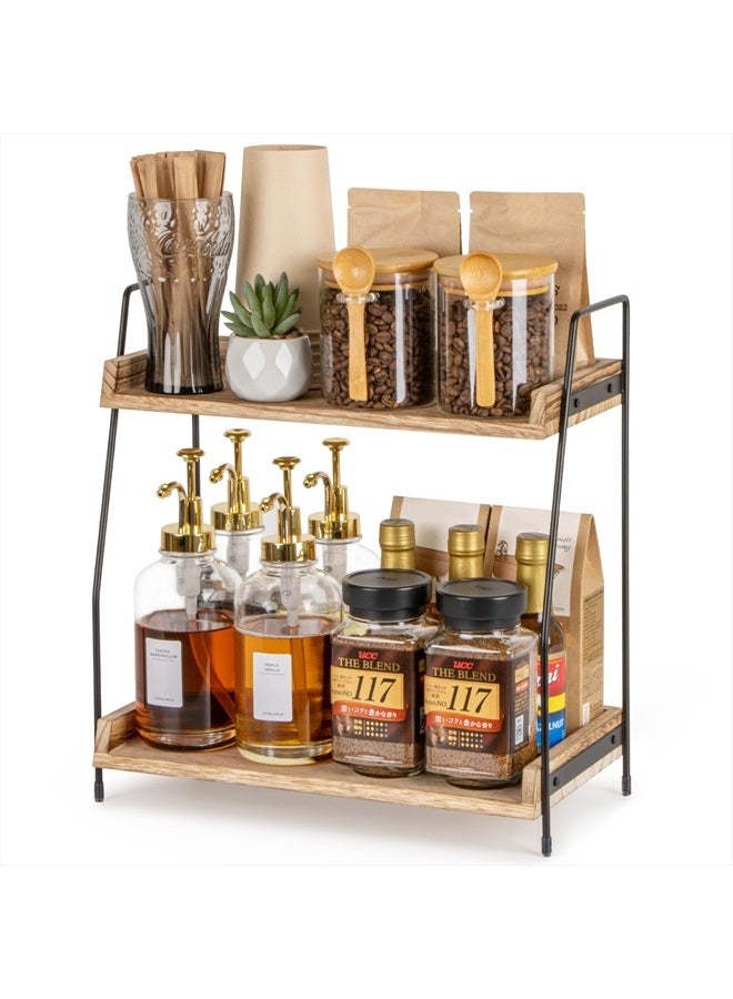 ANBOXIT Countertop Coffee Station Organizer, 2 Tier Wooden Shelf for Coffee Bar Accessories, Condiment Storage Caddy for Kitchen, Home, Office - Brown - Image 1