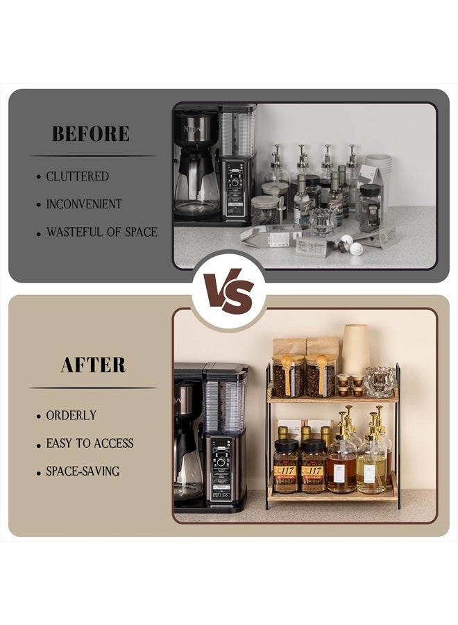 ANBOXIT Countertop Coffee Station Organizer, 2 Tier Wooden Shelf for Coffee Bar Accessories, Condiment Storage Caddy for Kitchen, Home, Office - Brown - Image 3