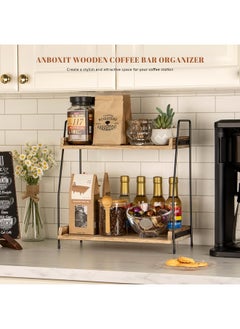 ANBOXIT Countertop Coffee Station Organizer, 2 Tier Wooden Shelf for Coffee Bar Accessories, Condiment Storage Caddy for Kitchen, Home, Office - Brown  - Image 2