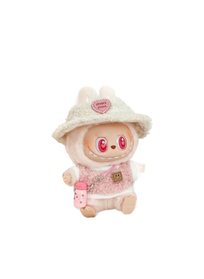 LABUBU Doll Clothes Labubu Clothes (three-piece set) for 15 cm and 17 cm Labubu Doll Fashion Style Set - Clothing + Light Pink Heart-shaped Velvet Hat + Pink Slanted Small Kettle (Doll not included)  - Image 1