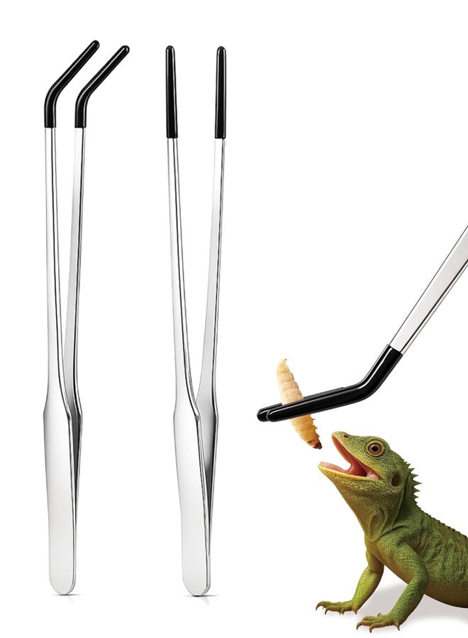 2PCS Stainless Steel Reptile Feeding Tongs,Rubber Tip Straight Curved Terrarium Feeder - Image 1