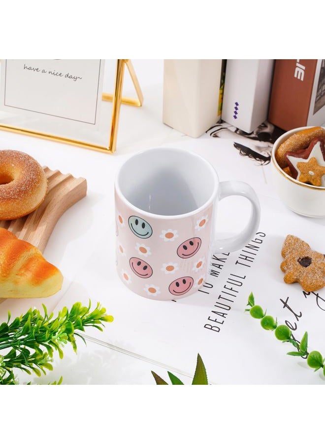 Whaline Smile Face And Flower Mug 11oz Ceramic Coffee Mug Pink Printed Drinking Milk Tea Mug Cup with Handle for Home Office Kitchen Party Supplies - Image 4