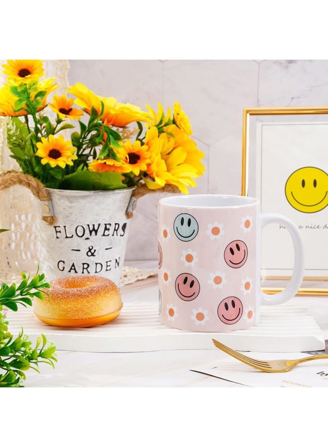 Whaline Smile Face And Flower Mug 11oz Ceramic Coffee Mug Pink Printed Drinking Milk Tea Mug Cup with Handle for Home Office Kitchen Party Supplies - Image 5